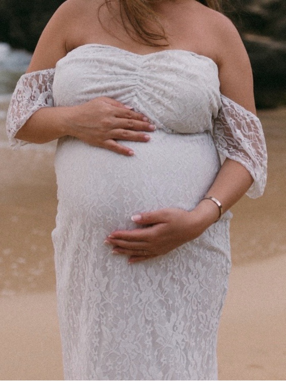 Off-Shoulder Lace Maternity Dress in Ivory